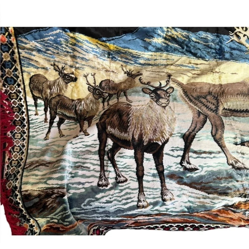 VTG 70's Reindeer Caribou Elk Velveteen Christmas Cabin Tapestry Decor BIG
